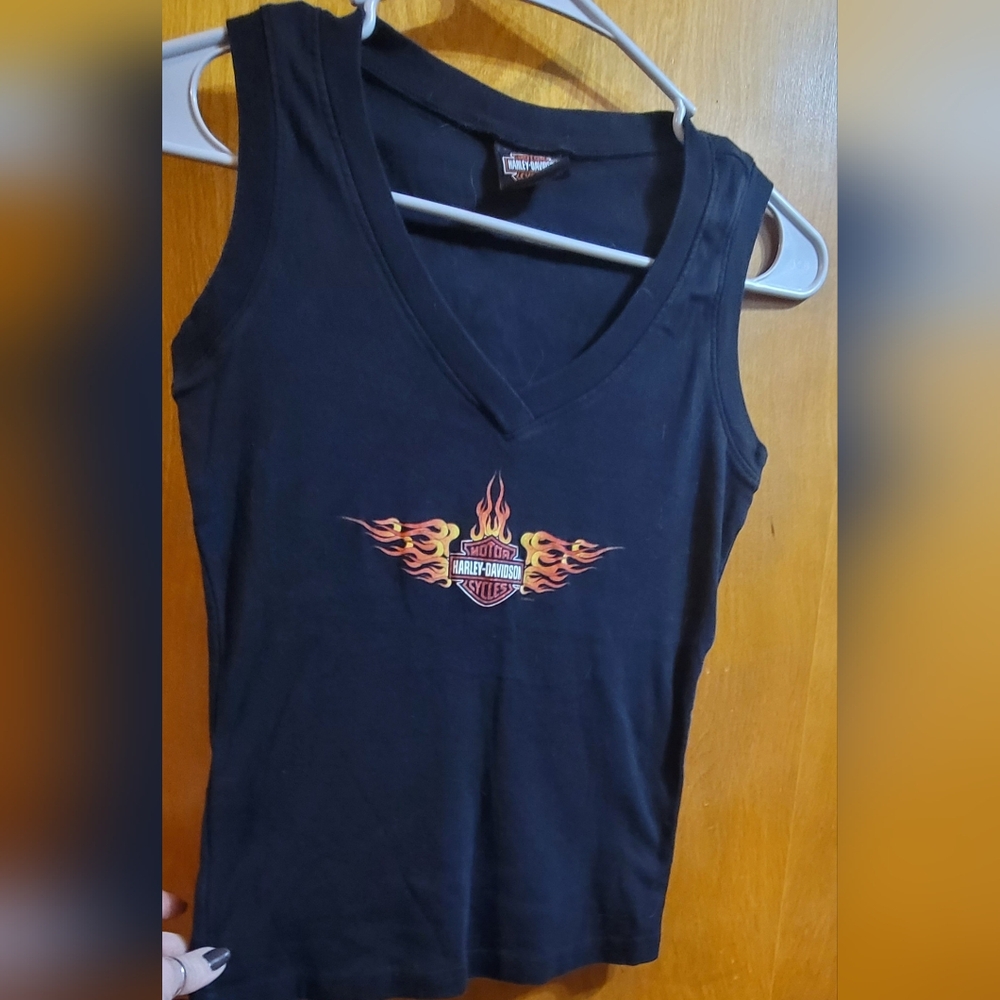 Harley-Davidson Black V-Neck Tank with Orange and Yellow Flame Logo
